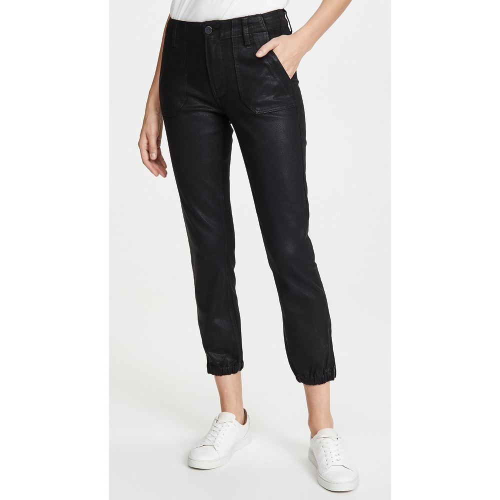 PAIGE Coated Faux Leather Jogger Pants Black Sz 25 NWT Mayslie Utility Pockets